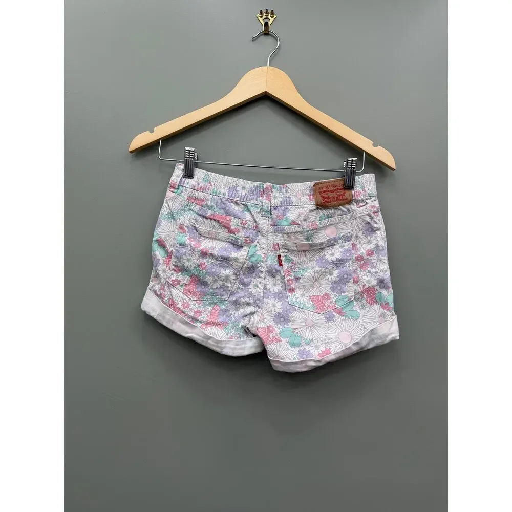 Levi's Girls Floral High Rise Shorts Size 12 Pastel Daisy Cuffed Summer